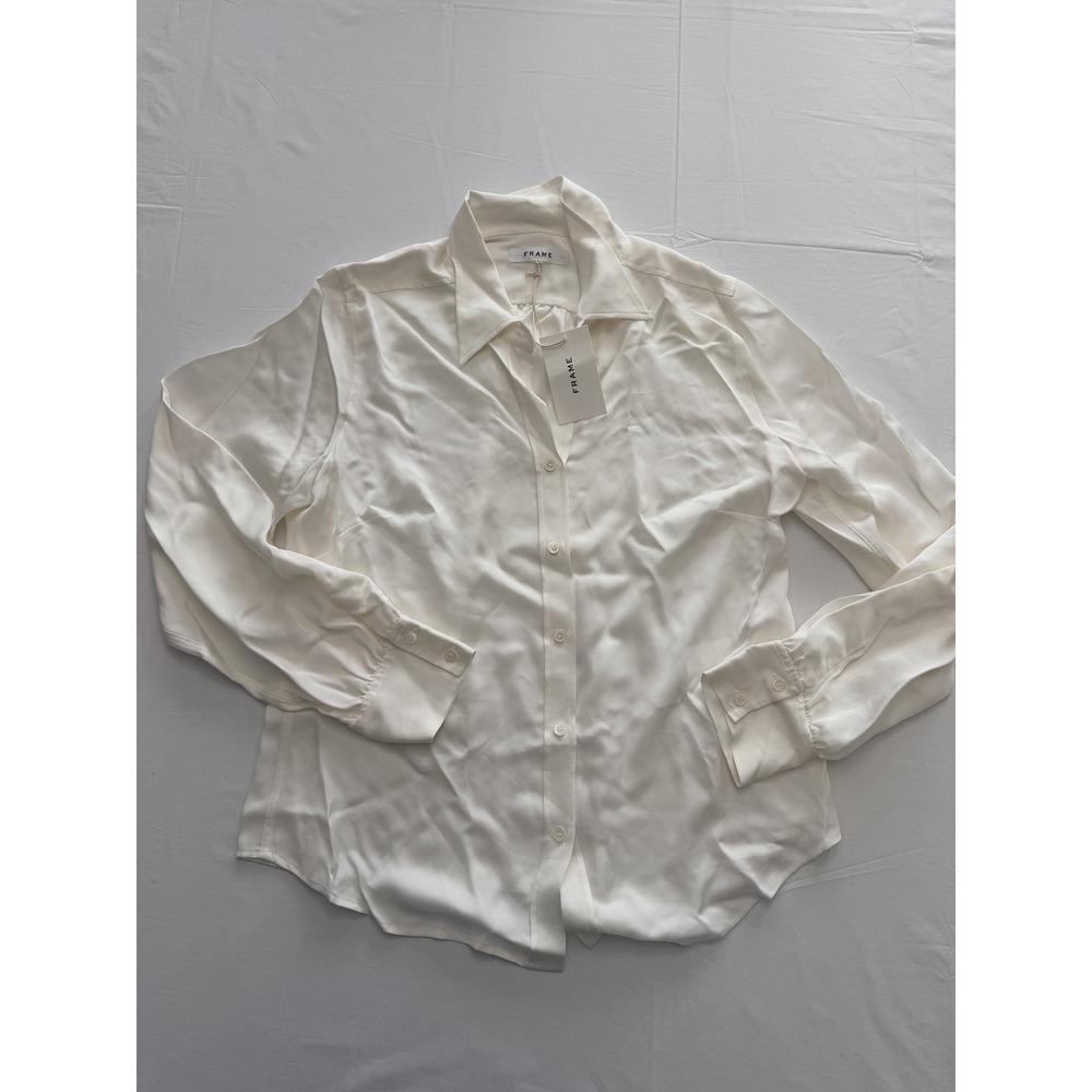 FRAME Shirt Womens XL White 100% Silk Button Front Long Sleeve Blouse Top